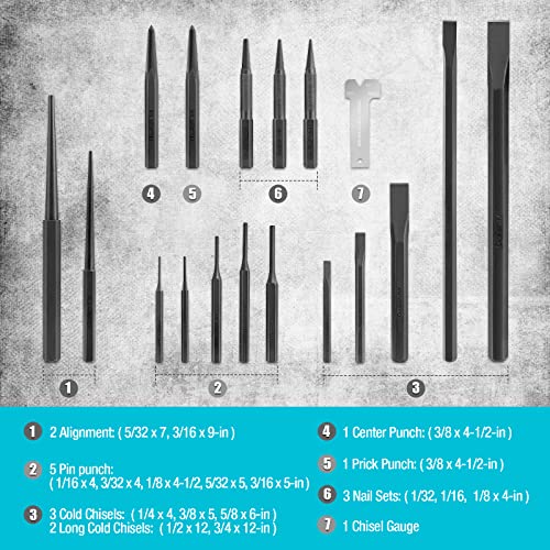 DURATECH 18 Piece Punch/Chisel/Alignment Tool Set, Including Pin Punch, Center Punch, Nail punch, Alignment Tool, Cold Chisel, Chisel Gauge, for DURATECH