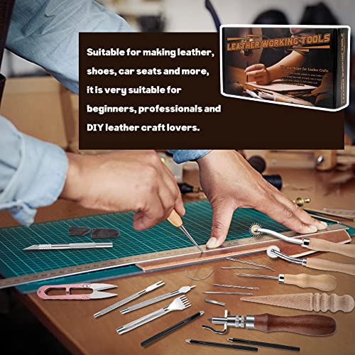 BAGERLA Leather Working Tools and Supplies, Leather Tooling Kit with Waxed Thread Awl Prong Punch Groover Tracing Wheel Punch Leather Working Kit for BAGERLA