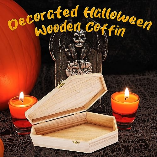Hiboom 3 Pack Halloween Coffin Box 12 Inch with 3 Paint Set, Small Unfinished Wooden Coffin Box, Wood Serving Tray for Halloween Home Classroom Party