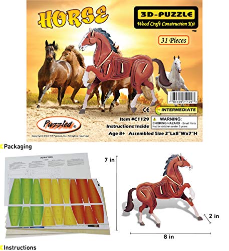 Puzzled 3D Puzzle Colorful Horse Wood Craft Construction Kit Fun Unique and Educational DIY Wooden Animal Toy Assemble Model Pre-Colored Crafting