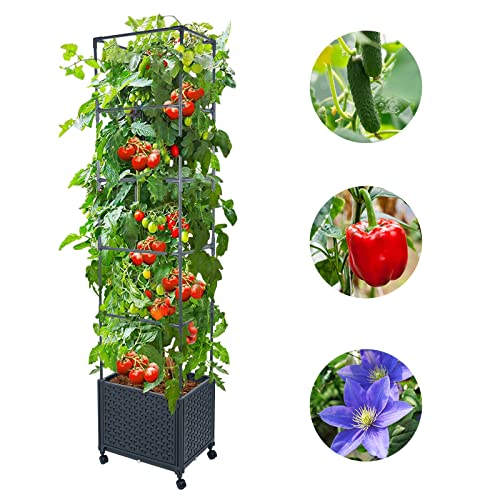 GREEN MOUNT Raised Garden Bed Planter Box with Trellis for Climbing Vegetables Plants, 67.6" Outdoor Tomatoes Planters Tomato Cage w/Wheels GREEN MOUNT