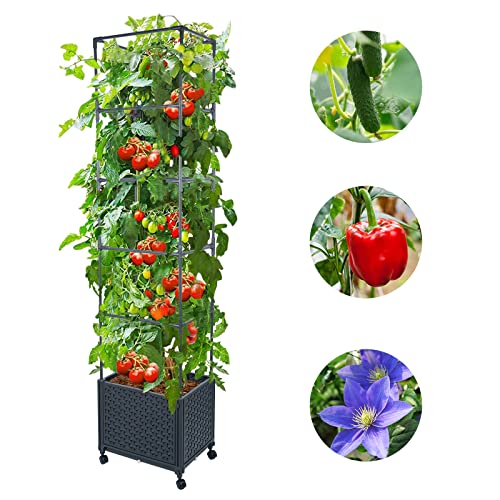 GREEN MOUNT Raised Garden Bed Planter Box with Trellis for Climbing Vegetables Plants, 67.6" Outdoor Tomatoes Planters Tomato Cage w/Wheels - WoodArtSupply