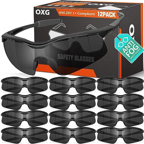 OXG 12 Pack Anti Fog Tinted Safety Glasses for Men, ANSI Z87.1 Safety Goggles Impact Scratch Resistant Eye Protection for Shooting, Work, OXG