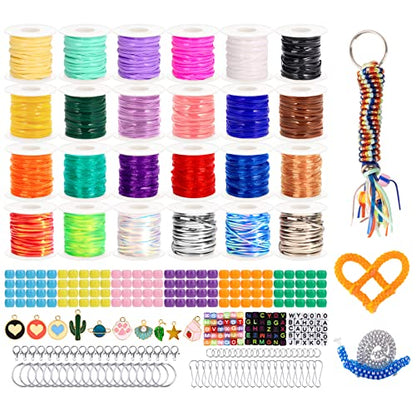 PP OPOUNT Glitter/Laser/Glow/Normal Lanyard String for Crafts, 24 Rolls Plastic Lacing String, Gimp Bracelet Making Kit for DIY Bracelets, Key