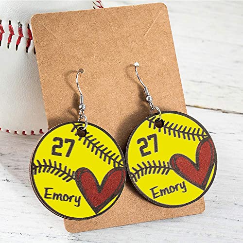 Custom Football Earrings for Women Girls Cute Softball Earrings Lightweight Basswood Personalized Name Number Sport Drop Dangle Earrings Baseball - WoodArtSupply