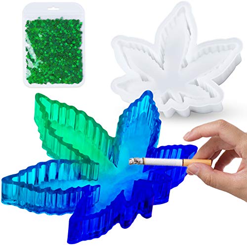 NiArt Epoxy Resin Casting Silicone Mold Kit + Green Laser Sequins Small Size Dual-Purpose Maple Leaf Shape Ashtray & Coaster, DIY Art Craft Plaster