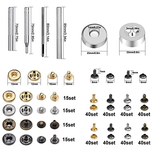 Yizzvb 320 Pcs Leather Rivets Kit, 60 Pcs Leather Snap Fasteners, 2 Size Leather Rivets Double Cap Rivet Kit, Double-Sided Nylon Hammer, 5 Pcs - WoodArtSupply