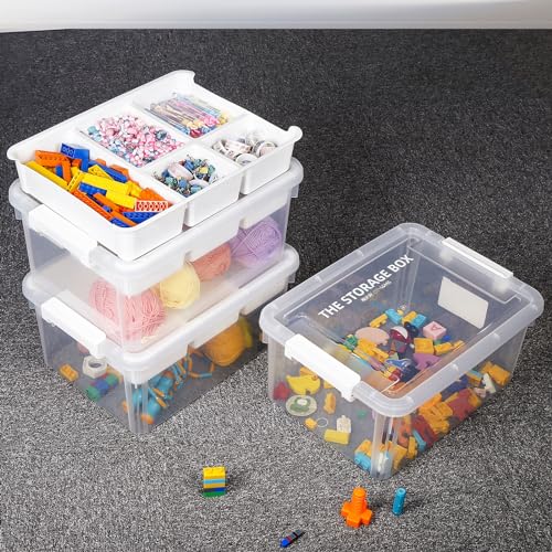 3 Pack Plastic Storage Box with Removable Tray, 17 QT Stackable