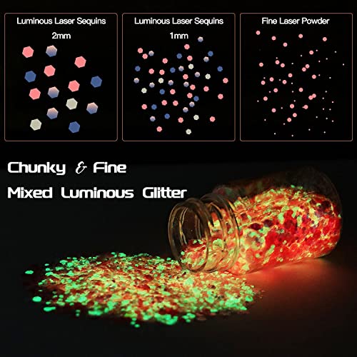 Glow in The Dark Pigment Powder 15 Jar -12 Color Glow Pigment and 3 Color Luminous Flake with UV Lamp - Epoxy Resin Luminous Powder for Slime OSBANG