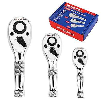 WORKPRO 3-Piece Stubby Ratchet Set, Quick Release Reversible, 1/4", 3/8", 1/2" Drive Mini Ratchet Handle, Small Ratchet Set, Chrome Alloy Made, CR-MO - WoodArtSupply