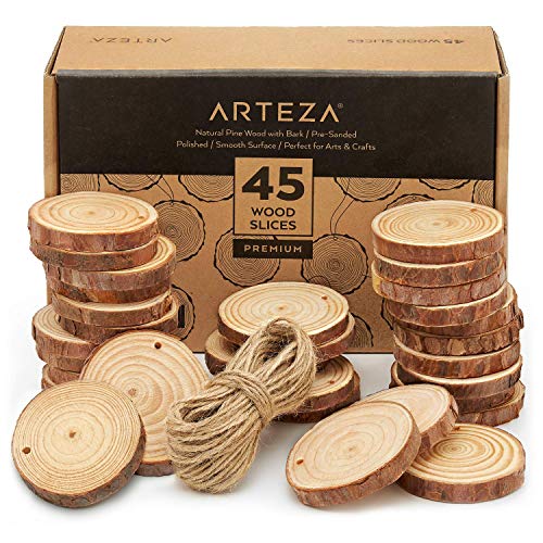 ARTEZA Natural Wood Slices, 45 Pieces, 2.4-2.8 Inch Diameter, 0.4 Inch Thickness, Round Pine Wood Discs with Bark for Crafts, Christmas Ornaments, ARTEZA