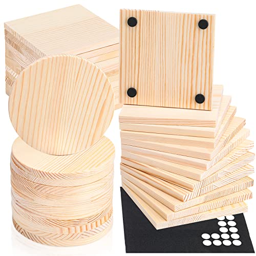 36 Pcs Unfinished Wood Coasters 4" Square and Round Wood Slices for Nature Crafts Blank Wooden Coasters for Crafts and 132 Pcs Non Slip Dot Stickers EBOOT