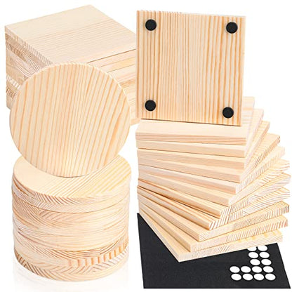 36 Pcs Unfinished Wood Coasters 4" Square and Round Wood Slices for Nature Crafts Blank Wooden Coasters for Crafts and 132 Pcs Non Slip Dot Stickers