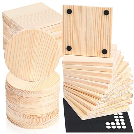 36 Pcs Unfinished Wood Coasters 4" Square and Round Wood Slices for Nature Crafts Blank Wooden Coasters for Crafts and 132 Pcs Non Slip Dot Stickers EBOOT