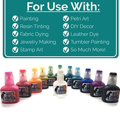 T-Rex Inks Premium Alcohol Inks Starter Set- 12 Vibrant XL Colors - Alcohol Ink for Epoxy Resin Dye, Painting, Tumbler Making & More - Storage Box &