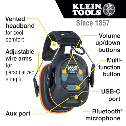 Klein Tools AESEM1 Hearing Protection Safety Earmuffs with Bluetooth Technology, NRR 20dB, 70-Hour Runtime Klein Tools