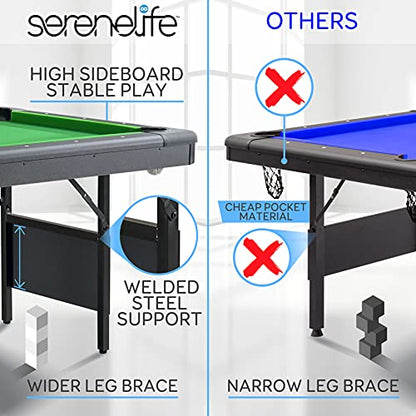 SereneLife 6-Ft Folding Pool Table - Portable Billiard Table - Includes 2X Cue Sticks, Full Set of Balls, Chalk, Brush - Foldable for Kids and Adults - WoodArtSupply