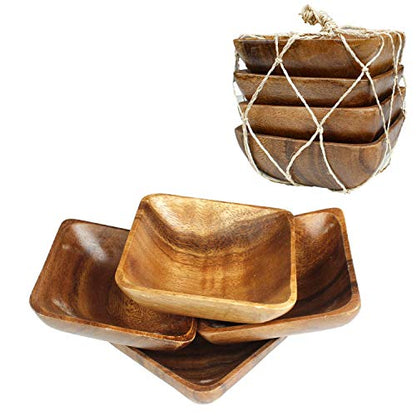 Acacia Handmade Wood Carved Plates - Set of 4 Calabash Bowls Size 4" (Square)