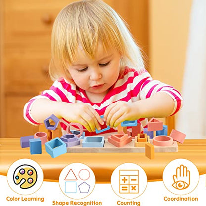 Montessori Toys for 1 to 3-Year-Old Boys Girls Toddlers and Kids Preschool,  Wooden Sorting & Stacking Educational Toys, Color Recognition Stacker