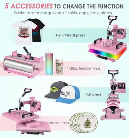 Slendor 5 in 1 Heat Press Machine 12x15 inch Sublimation Heat Press 360° Swing Away Heat Transfer Digital T-Shirt Pressing with 30OZ 20OZ Tumbler