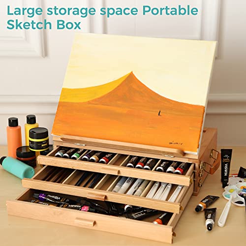 VISWIN Large Adjustable 3 Drawer Storage Box Easel, Premium Beechwood Tabletop Sketchbox, Portable Wood Artist Desktop Easel with Book Stand, Table VISWIN