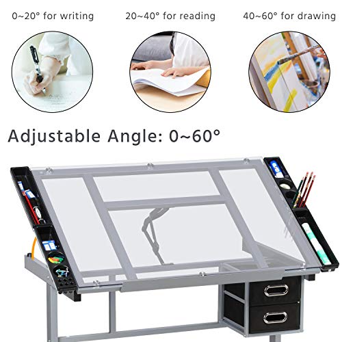 Yaheetech Drawing Desk Adjustable Glass Drafting Study Table For Diamond/Versatile Art Craft Station w/ 2 Slide Rolling Wheels and Drawers for Artist Yaheetech