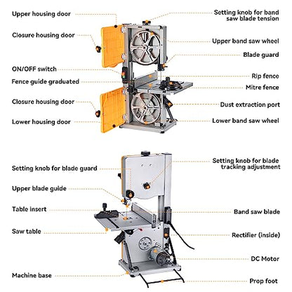 Hoteche 8-Inch Band Saw 2.0A Low Noise Two Cutting Height Table Benchtop with Fence and Miter Gauge for Woodworking, DIY Projects and Precision - WoodArtSupply