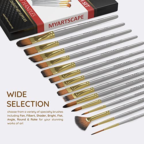 MyArtscape Paint Brush - Set of 15 Art Brushes for Watercolor, Acrylic & Oil Painting - Short Handles - WoodArtSupply