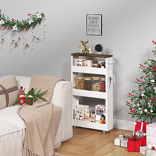 CHLORYARD Slim Storage Cart, 4-Tier Kitchen Rolling Cart Narrow Storage Cabinet with Handle & Wood Top, Metal Rolling Shelf Unit for Kitchen Bathroom CHLORYARD