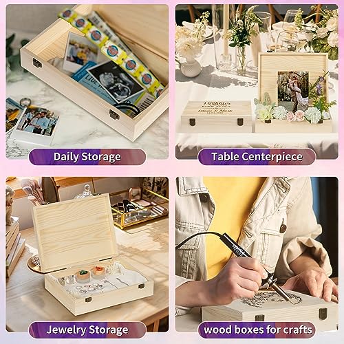 FORACKS Unfinished Wooden Storage Box with Lid, 9.1'' x 9.1'' x 3.9'' Keepsake Box, Rustic Unpainted Wood Gift Boxes for Crafts DIY Storage Jewelry