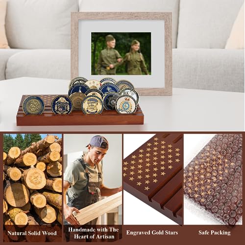 Samplife Coin Rack,Challenge Coins Display Stand Shelves Wooden Army Collectible Coins Holder Rack Case 6 Row Display American Flag Samplife