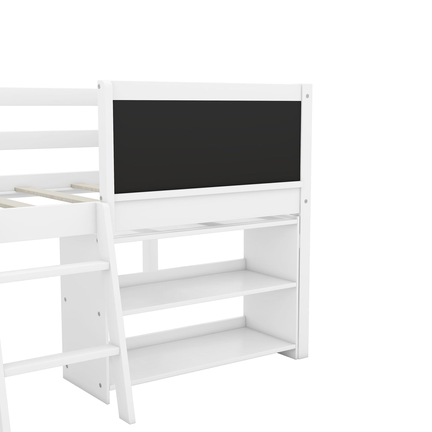 SOFTSEA Twin Size Low Loft Bed with Two Movable Shelves and Ladder, Wooden Loft Bed with Decorative Guardrail and Chalkboard for Kids, Whtie
