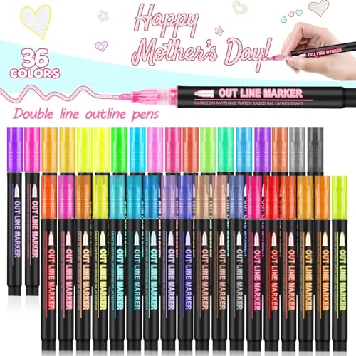 Double Line Outline Markers, 36 Colors Shimmer Markers, Self-Outline Metallic Markers, Super Squiggles Shimmer Outline Marker Set for Kid