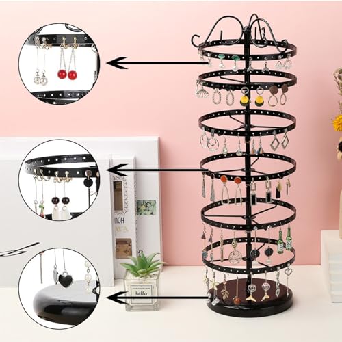 HomeToDou 6 Tier Metal Rotating Earring Holder Organizer,Adjustable Earring Storage Display Tower Rack,Exquisite Jewelry Display Stand,264 Holes