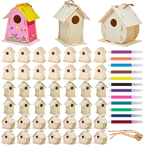 21 Sets DIY Birdhouse Kit for Kids to Build and Paint, Include Unfinished Wooden Bird House, Strips and Colorful Painting Pens for Girls Boys Fun