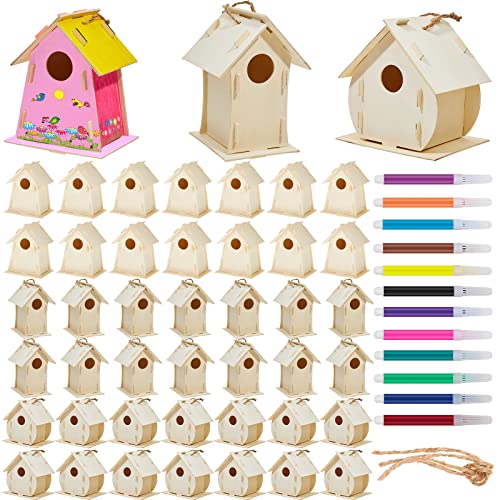 21 Sets DIY Birdhouse Kit for Kids to Build and Paint, Include Unfinished Wooden Bird House, Strips and Colorful Painting Pens for Girls Boys Fun Deekin