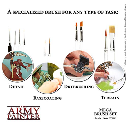 The Army Painter Mega Brush Set - Miniature Small Paint Brush Set with 10 Acrylic Paint Brushes - Kolinsky Masterclass Sable Hair Model & Fine Detail - WoodArtSupply