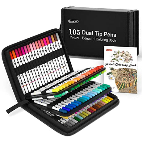 Shuttle Art Dual Tip Brush Pens Art Markers, 105 Colors Fine and Brush Dual Tip Markers Set in Portable Case with 1 Coloring Book for Kids Adult Shuttle Art