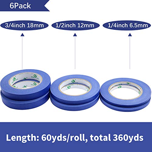 BOMEI PACK 6Pack Blue Painters Masking Tape, 1/4” 1/2” 3/4” X 60yds Multi Size Painting Paper Tape, Clean Removal with No Residue BOMEI PACK