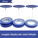 BOMEI PACK 6Pack Blue Painters Masking Tape, 1/4” 1/2” 3/4” X 60yds Multi Size Painting Paper Tape, Clean Removal with No Residue BOMEI PACK