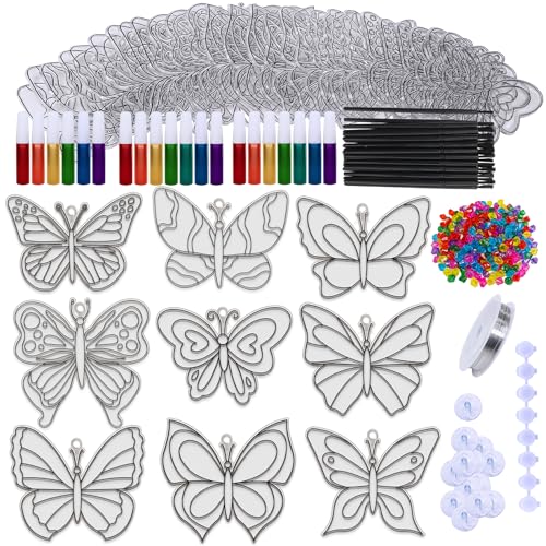 Winlyn 27 Sets Butterfly Suncatchers Ornaments Decorations DIY Window Paint Art Suncatchers Butterfly Suncatchers Painting Craft Kits for Kids Winlyn