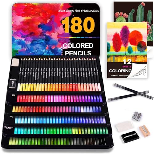 COOL BANK 180 Colored Pencils Set for Adult Coloring Books, Artist Pencils with Sketchbook, Coloring Book, Pencil Extenders, Eraser, Sharpener, Soft