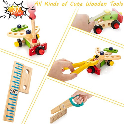 KIDWILL Tool Kit for Kids, 37 pcs Wooden Toddler Tools Set Includes Tool Box & Stickers, Montessori Educational STEM Construction Toys for 3 4 5 6 7