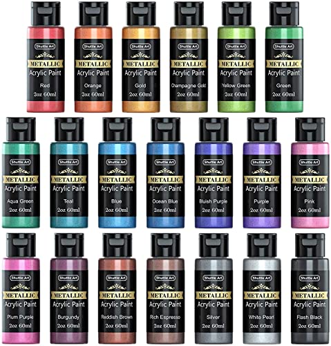Shuttle Art Metallic Acrylic Paint Set, 20 Colors Metallic Paint in Bottles (60ml, 2oz) with 3 Brushes and 1 Palette, Rich Pigments, Non-Toxic for Shuttle Art