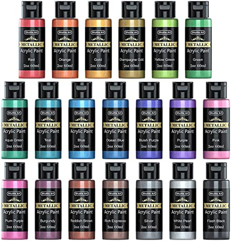 Shuttle Art Metallic Acrylic Paint Set, 20 Colors Metallic Paint in Bottles (60ml, 2oz) with 3 Brushes and 1 Palette, Rich Pigments, Non-Toxic for Shuttle Art