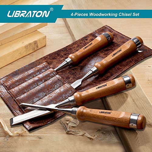 Libraton Woodworking Chisel Set, 4pcs Cr-V Wood Chisels Set, Professional Chisels with Leather Pouch for Carpenter, Christmas Gift for Man - WoodArtSupply