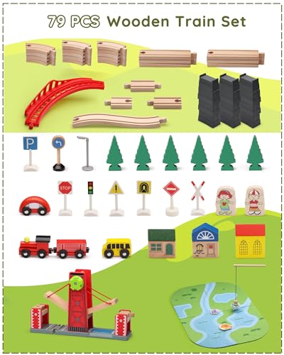 SainSmart Jr. Wooden Train Set for Toddler, 78 PCS Wood Train Track with 4 Cars Fits Brio, Thomas, Melissa and Doug, Gift Packed Toy Railway Kit for SainSmart Jr.