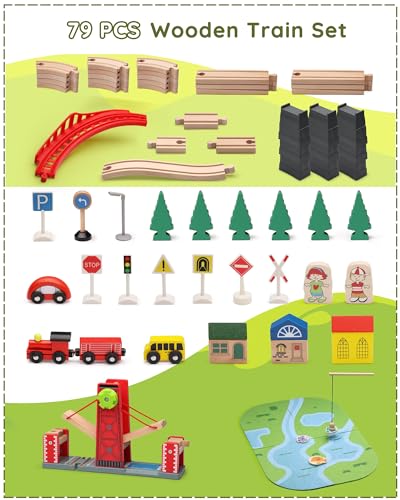 SainSmart Jr. Wooden Train Set for Toddler, 78 PCS Wood Train Track with 4 Cars Fits Brio, Thomas, Melissa and Doug, Gift Packed Toy Railway Kit for - WoodArtSupply