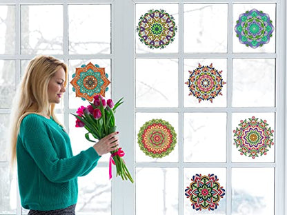 woclsnow 24 Pieces Mandala Window Clings, Color Your Own Stained Glass Mandala Window Clings and Markers, for Teens & Adults, 24 Suncatchers and 12