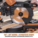 Evolution Power Tools R255SMS-DB+ 10-Inch Dual Bevel Sliding Miter Saw Multi-Material, Multipurpose Cutting Cuts Metal, Plastic, Wood 45˚-45˚ Double Evolution